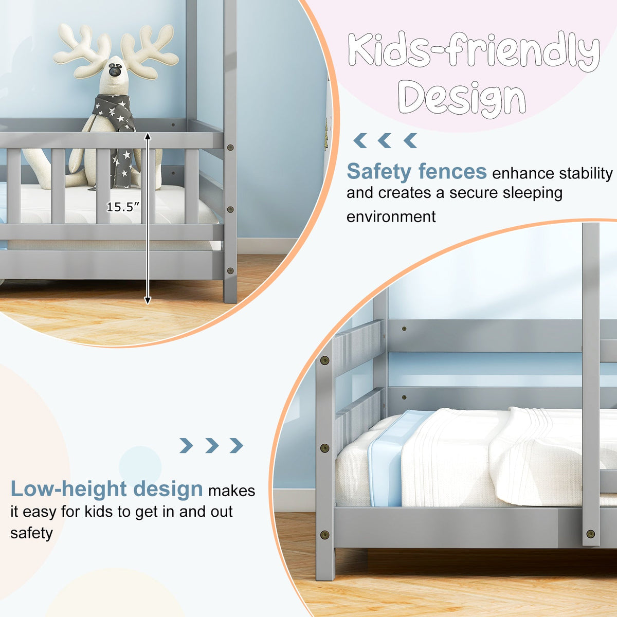 Twin Size Kids House Bed Wooden Floor Bed with Roof and Full-length Safety Guardrail