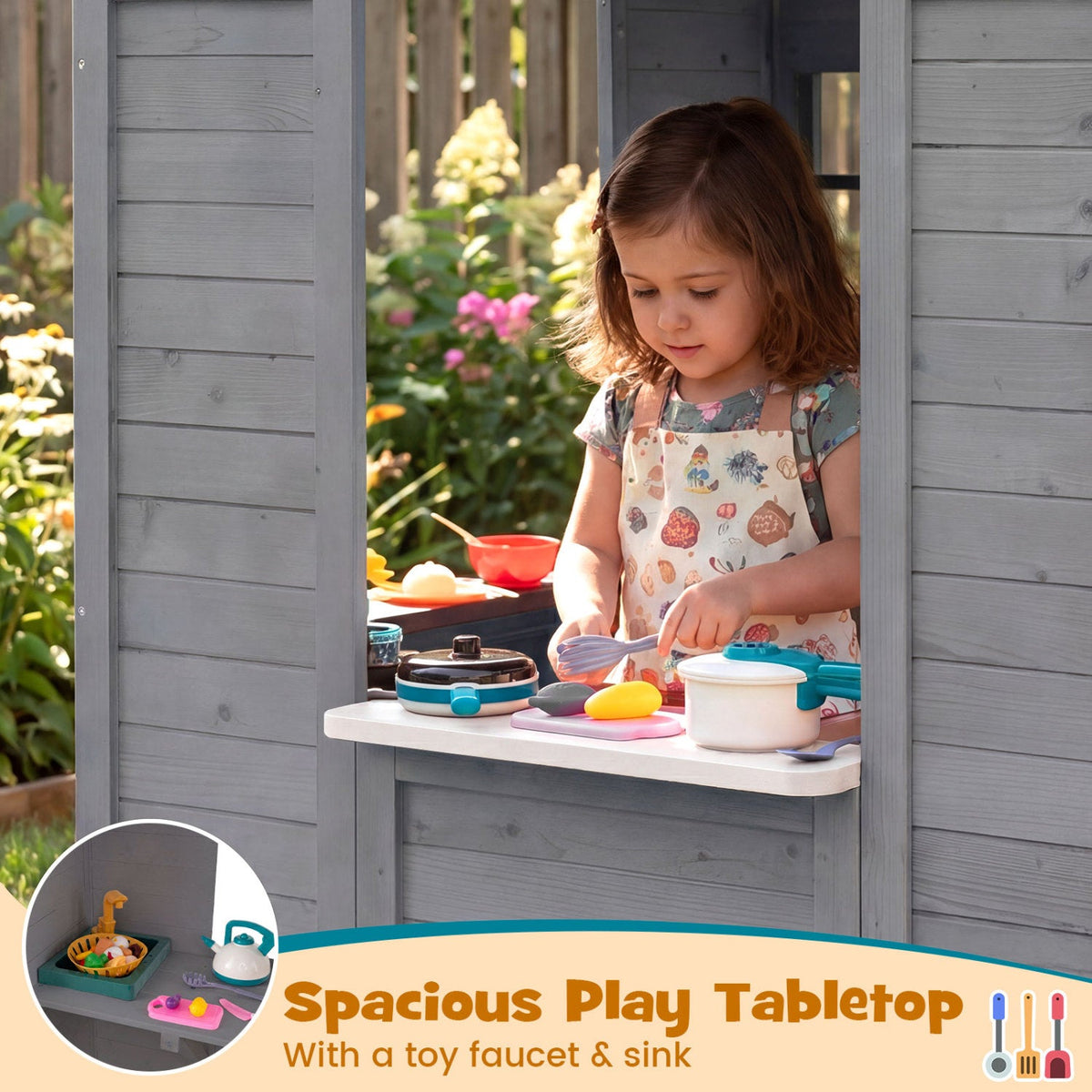 Kids Outdoor Playhouse with Sink Spruce Wooden Cottage with Half Door