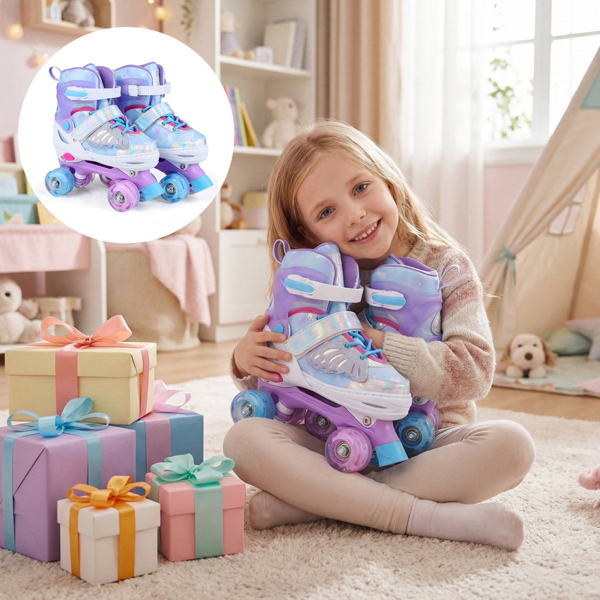 Kids Roller Skates for Toddlers Ages 7-9 with 4 Light up Wheels