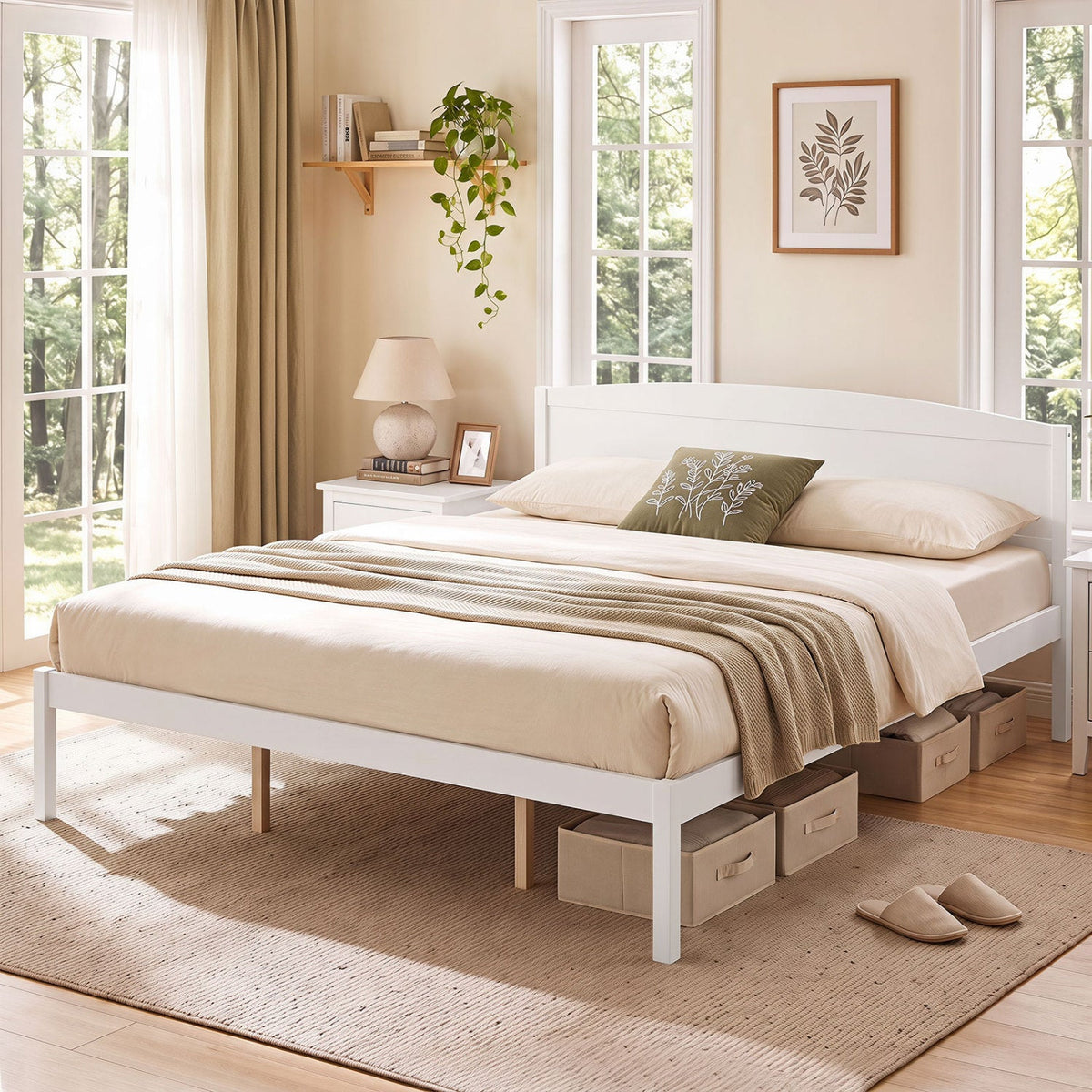 King Size Wooden Platform Bed Frame with Curved Headboard