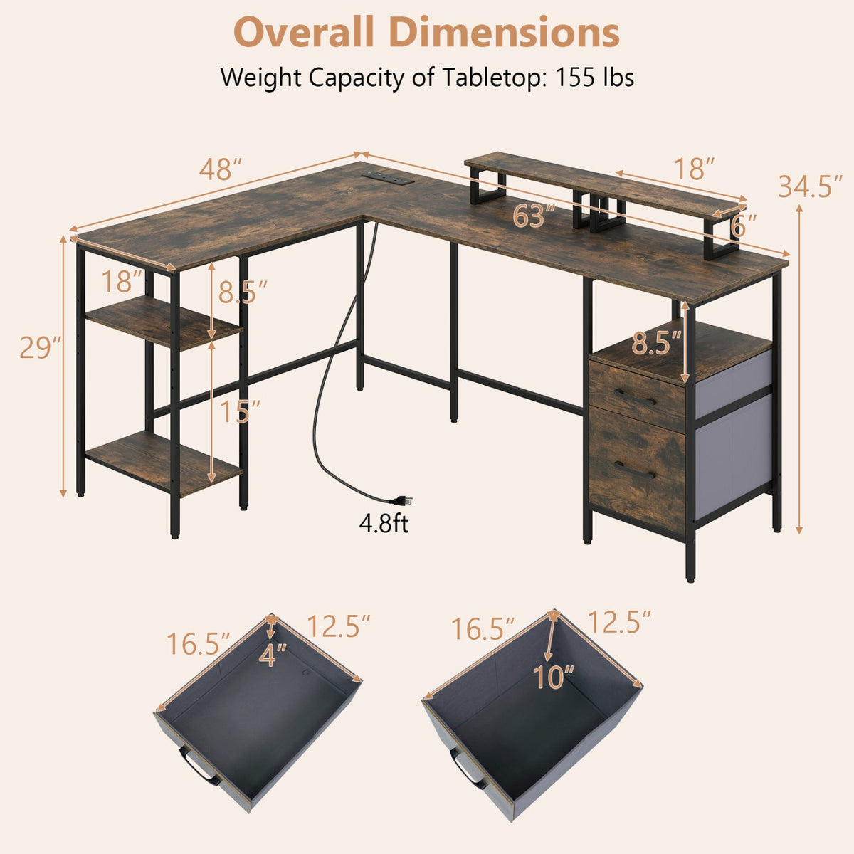 L-Shaped Desk with Power Outlet and Monitor Stands