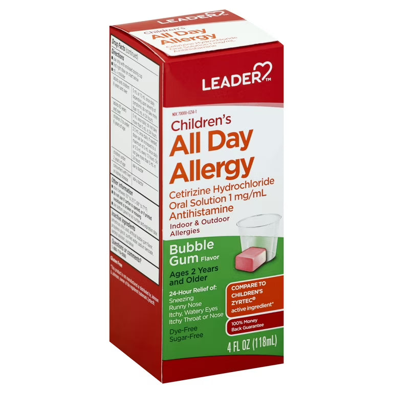 Leader Children's Allergy Relief Liquid, Dye-Free & Alcohol-Free, Bubble Gum Flavor, 4 fl oz