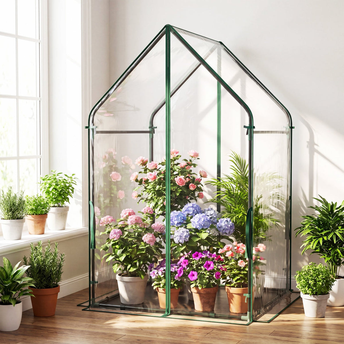 Mini Green House Metal Frame with Waterproof Bottom Mat and Wind Ropes