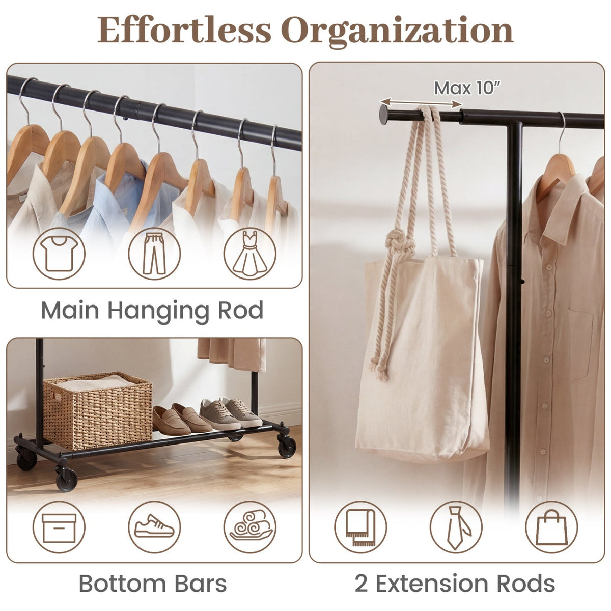 Mobile Garment Rack with Extendable Rods Heavy