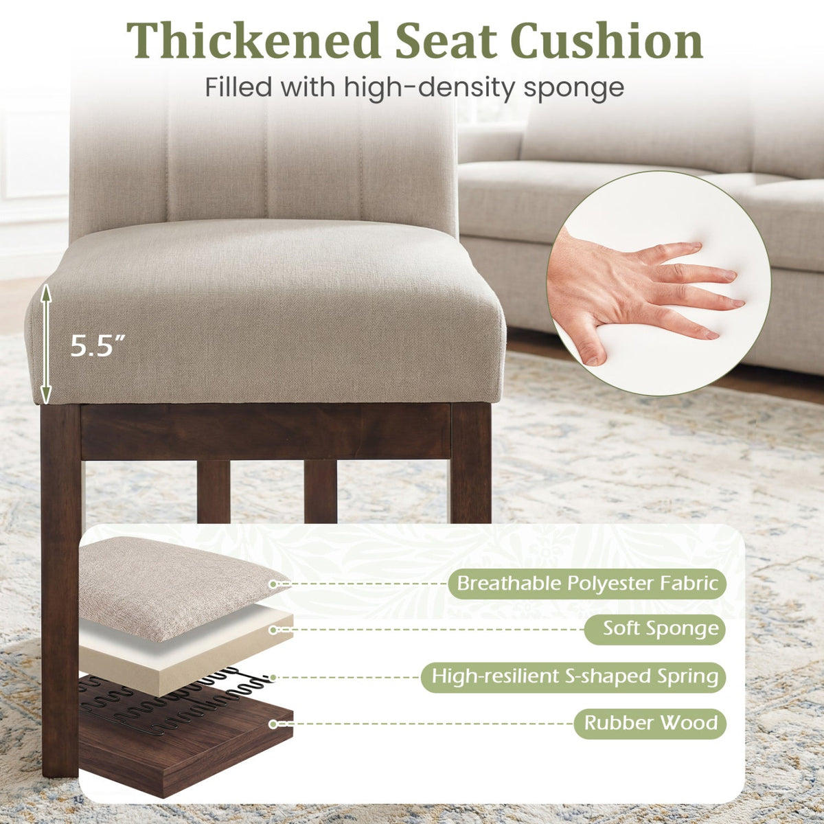 Modern Farmhouse Fabric Dining Chairs Set of 2 with 5.5" Thickened Padded Seat