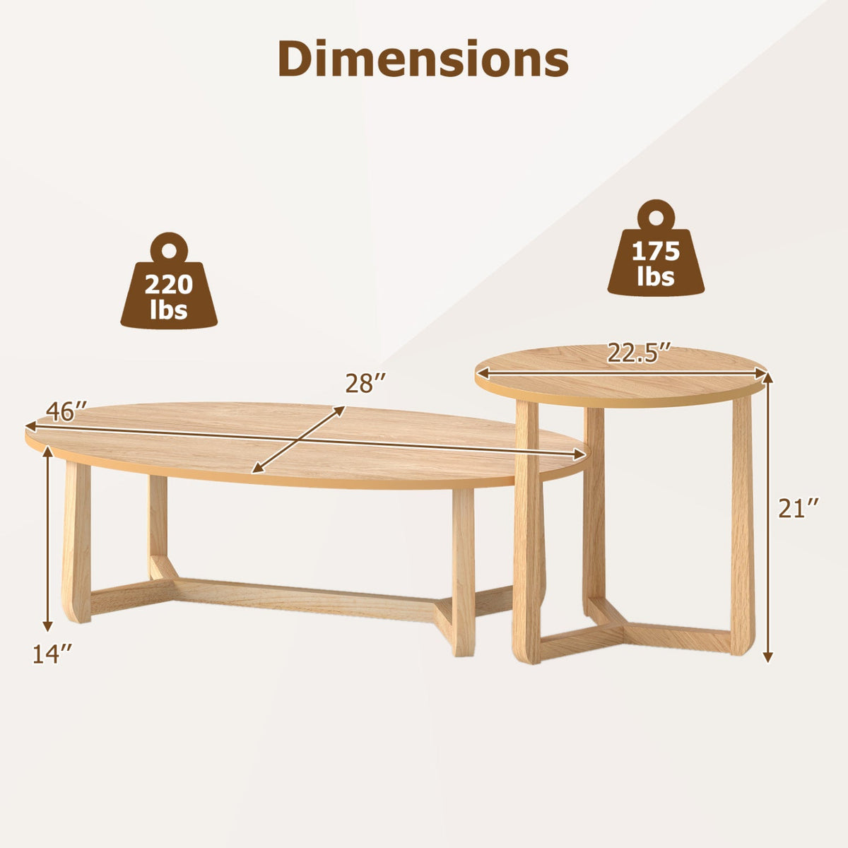 Nesting Coffee Table Set of 2 with Wood Veneered Top and Solid Rubber Wood Legs