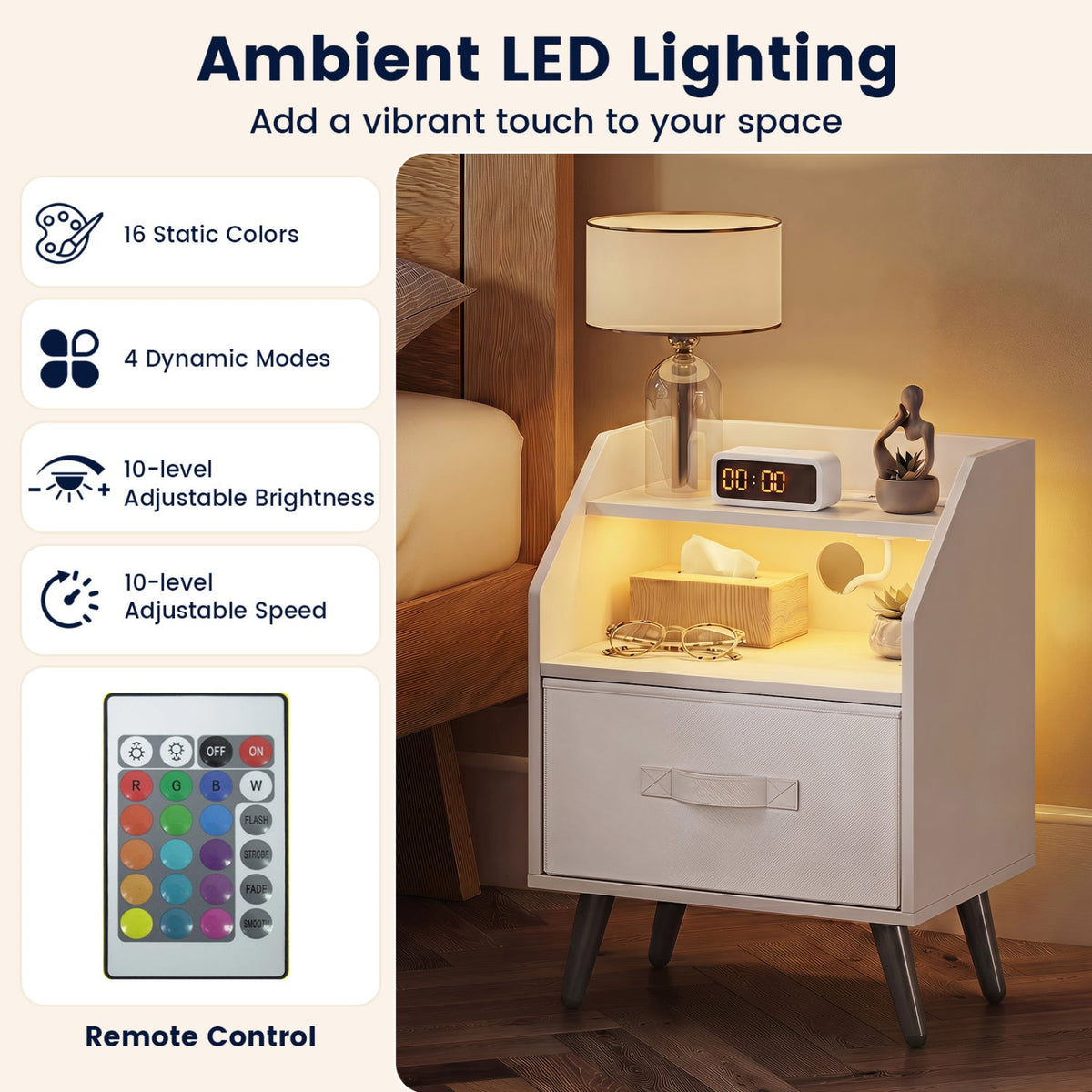 Nightstand with Power Outlets and LED Lighting