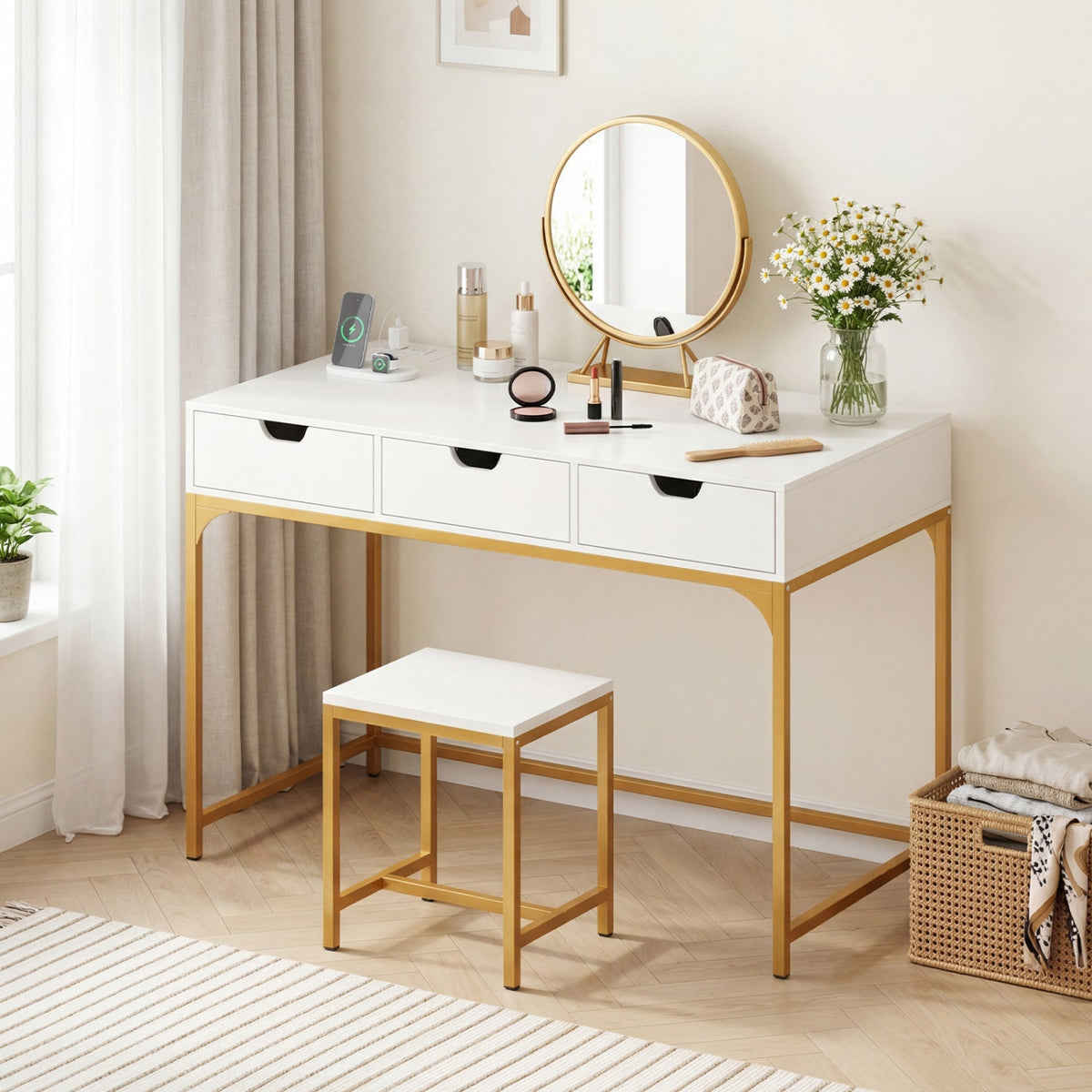 Office Desk with Power Outlets and Hidden Compartment for Study