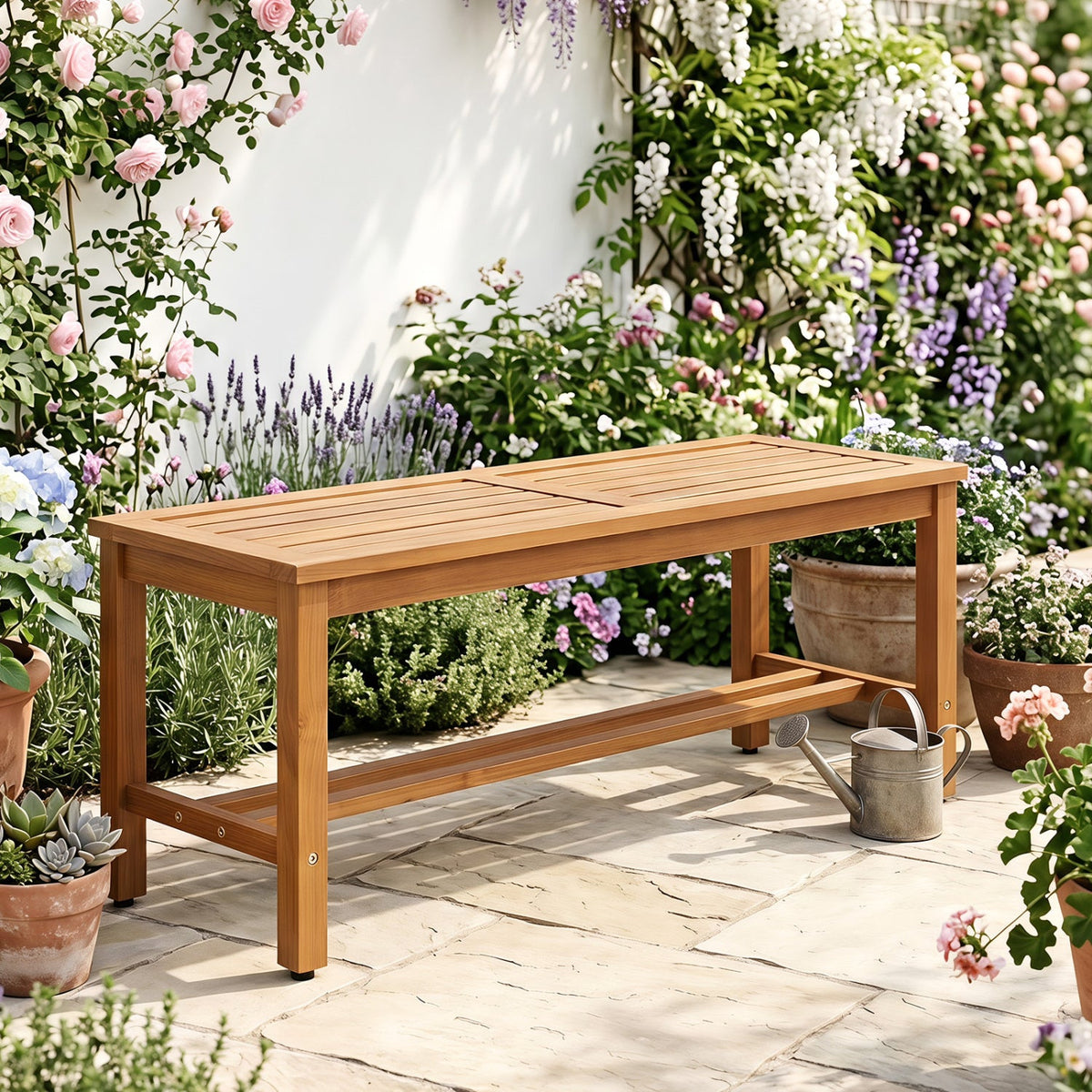 Acacia Wood Patio Bench for 2 with Slatted Seat