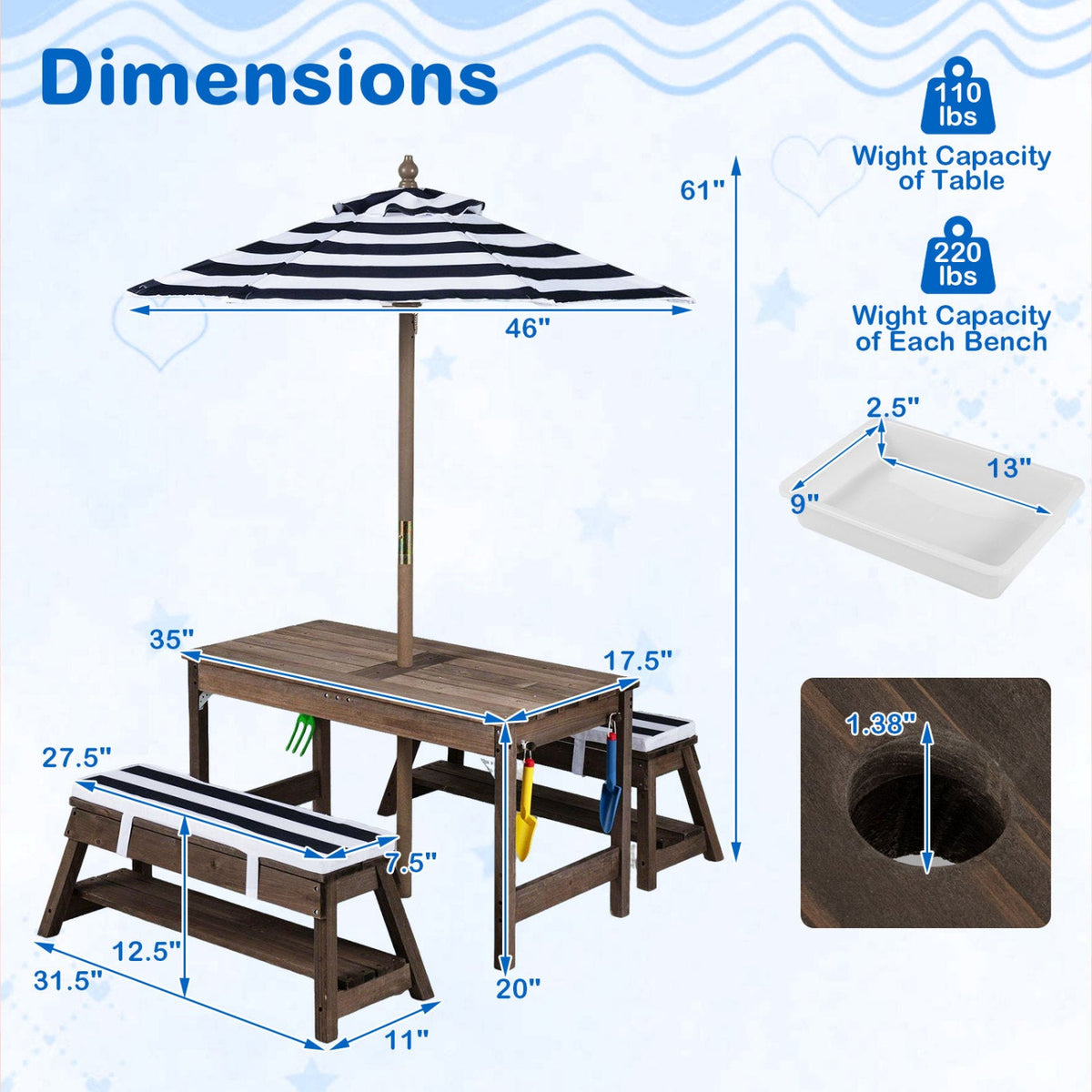 Kids Wooden Picnic Table Set with Umbrella and Sand Boxes