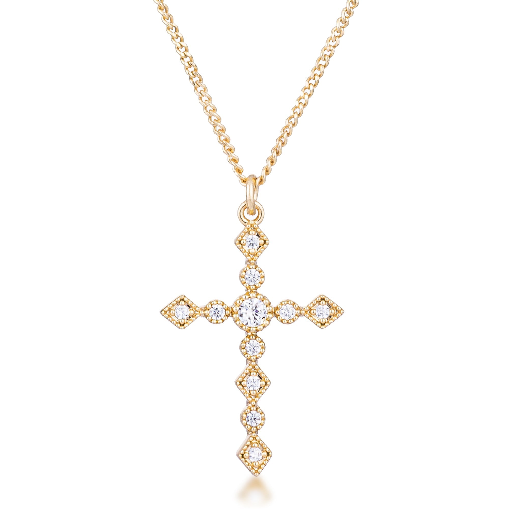 Dainty Art Deco Plated CZ Cross Pendant