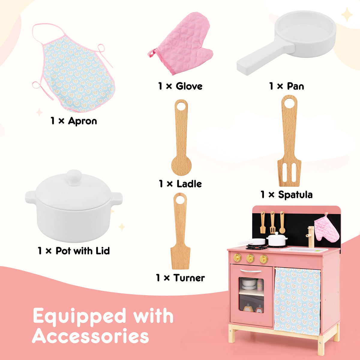 Play Kitchen for Kids Wooden Kitchen Playset with Door Curtain-Pink