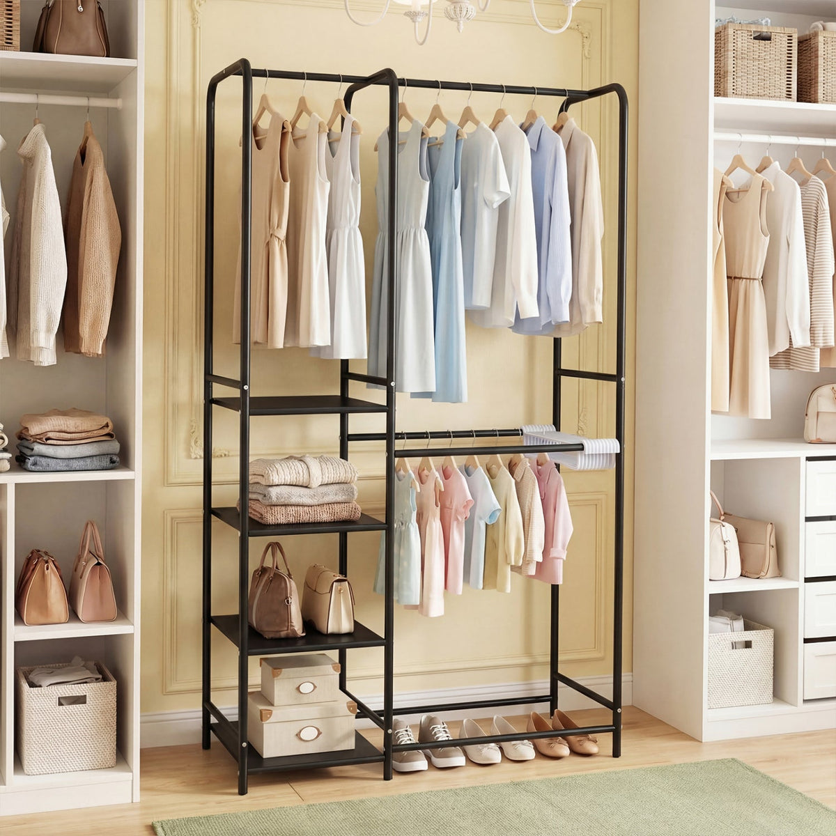 Portable Closet with Pants Hangers and 2 Hanging Rods and 4 Storage Shelves