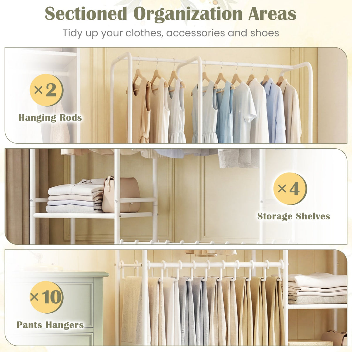 Portable Closet with Pants Hangers and 2 Hanging Rods and 4 Storage Shelves