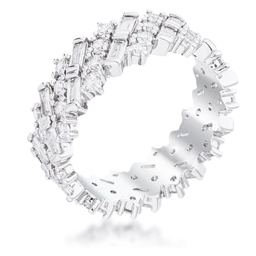 Rhodium Clear CZ Alternating Baguette Round Eternity Band