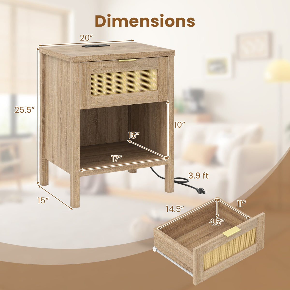 Rattan Nightstand with Charging Station and Storage Shelf for Bedroom