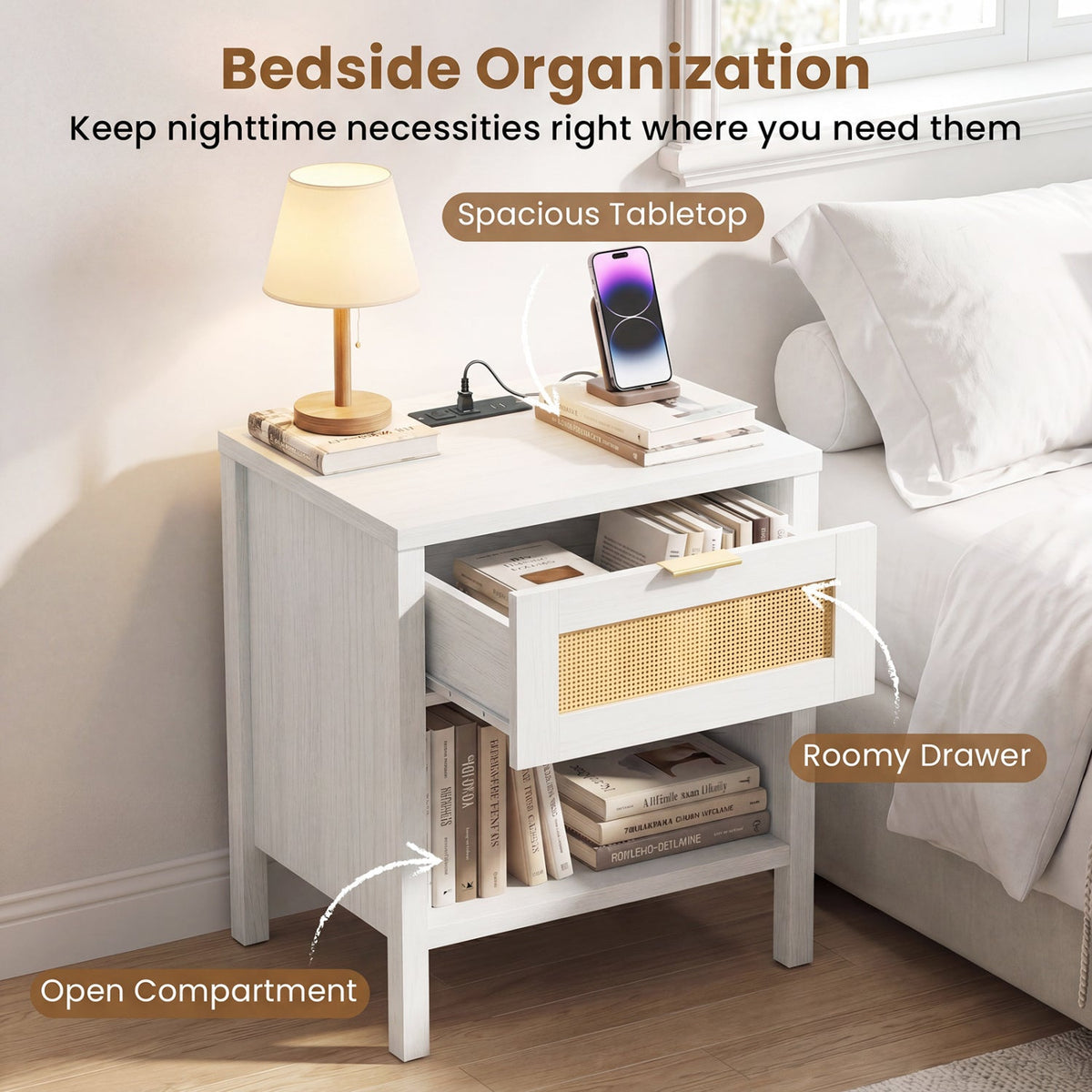 Rattan Nightstand with Charging Station and Storage Shelf for Bedroom
