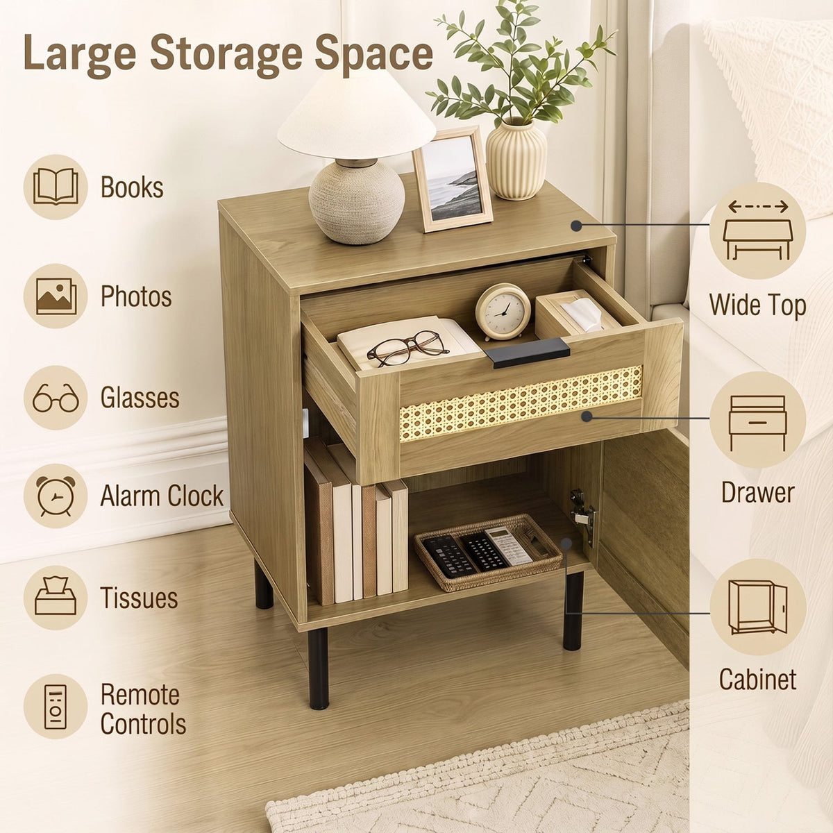Rattan Nightstand with Drawer and Storage Cabinet