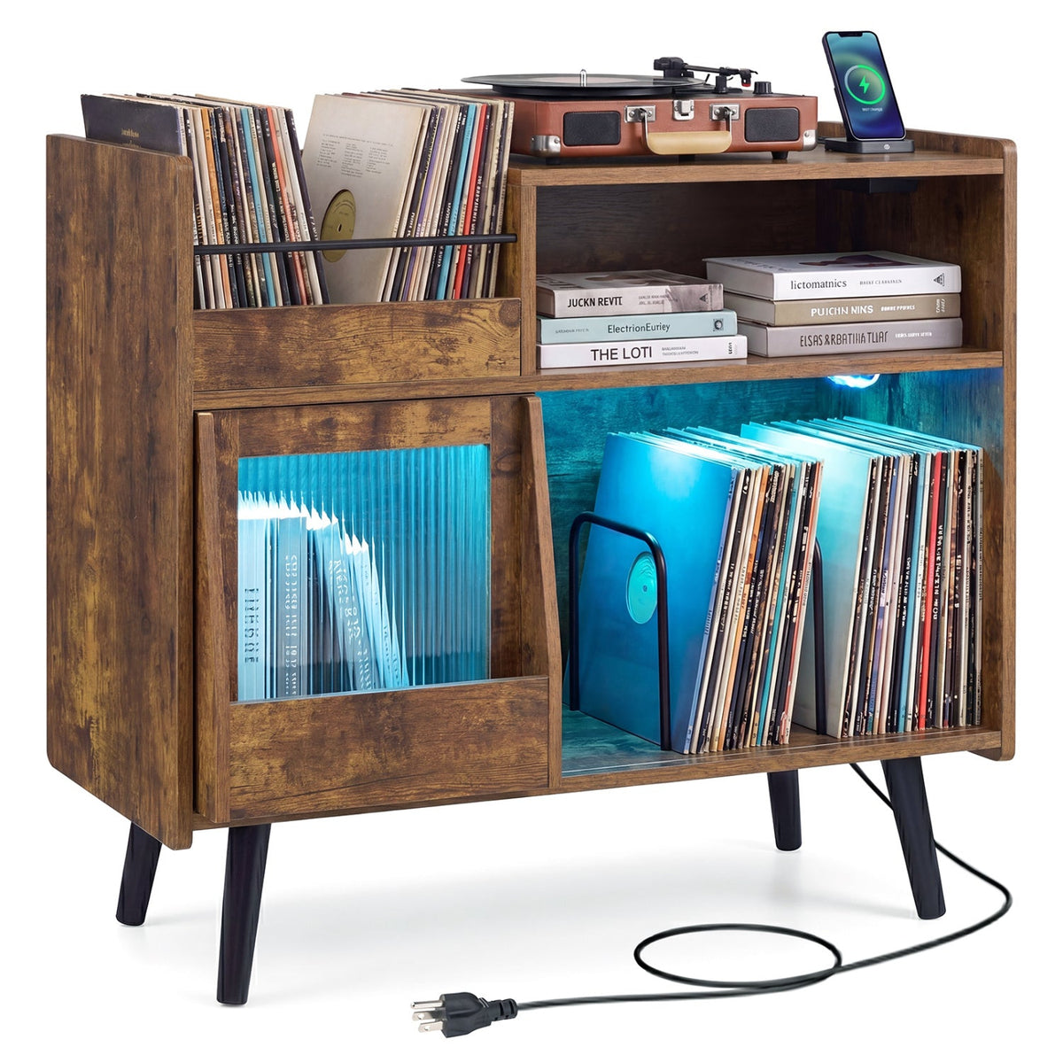 Record Player Stand with LED Light and Power Outlets