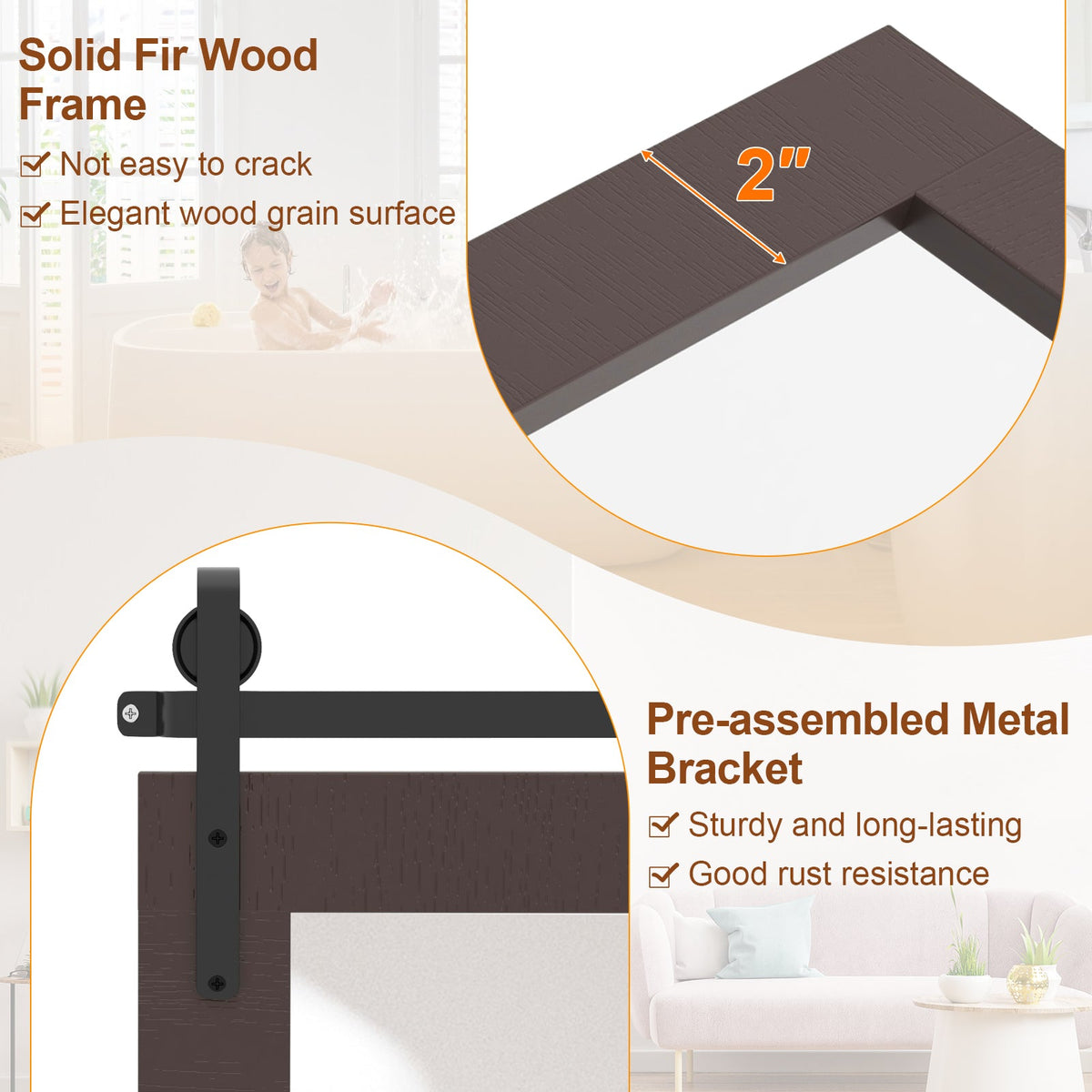 Rectangle Barn Door Style Wall Mounted Mirror with Solid Wood Frame