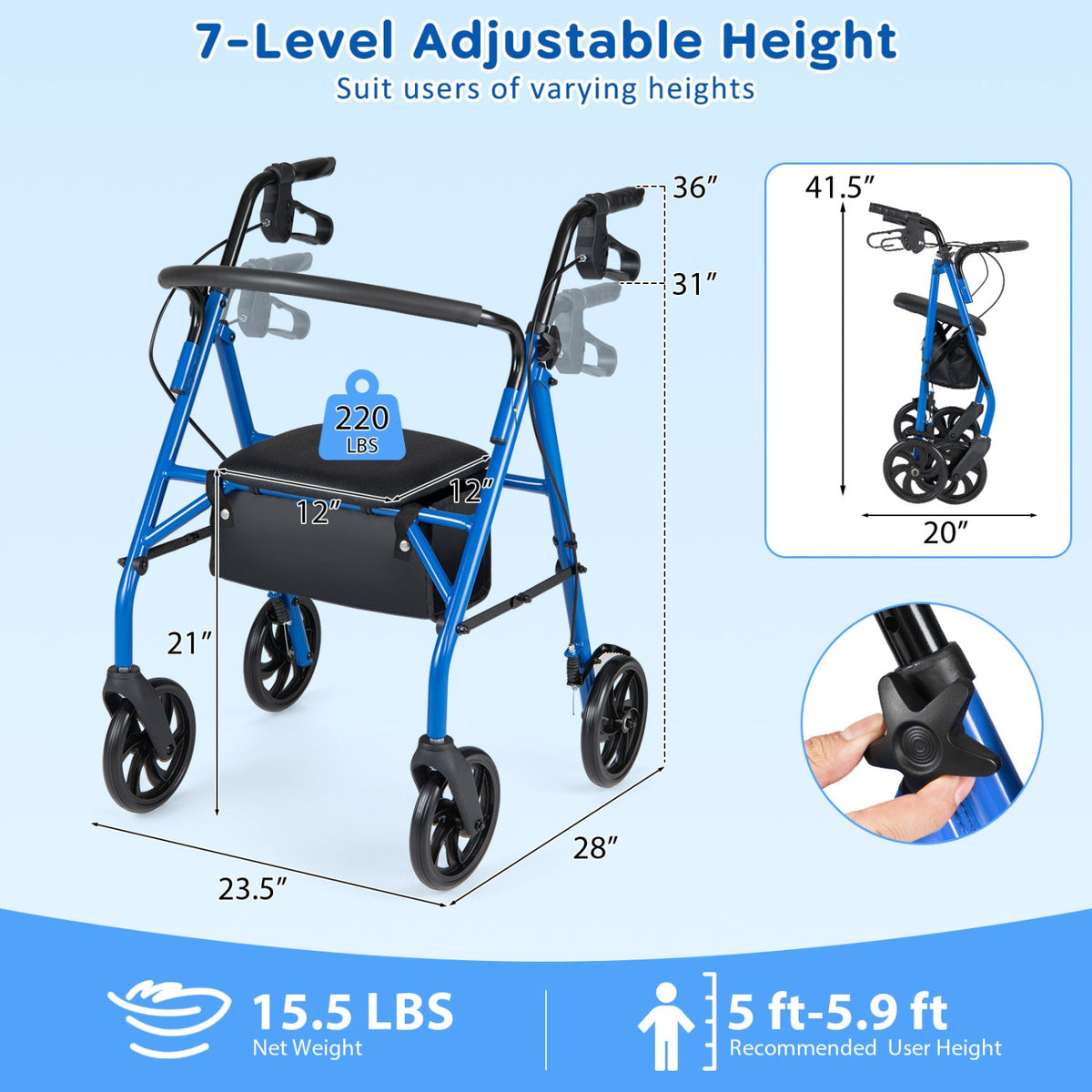 Rollator Walker with Seat and Height Adjustable Handles