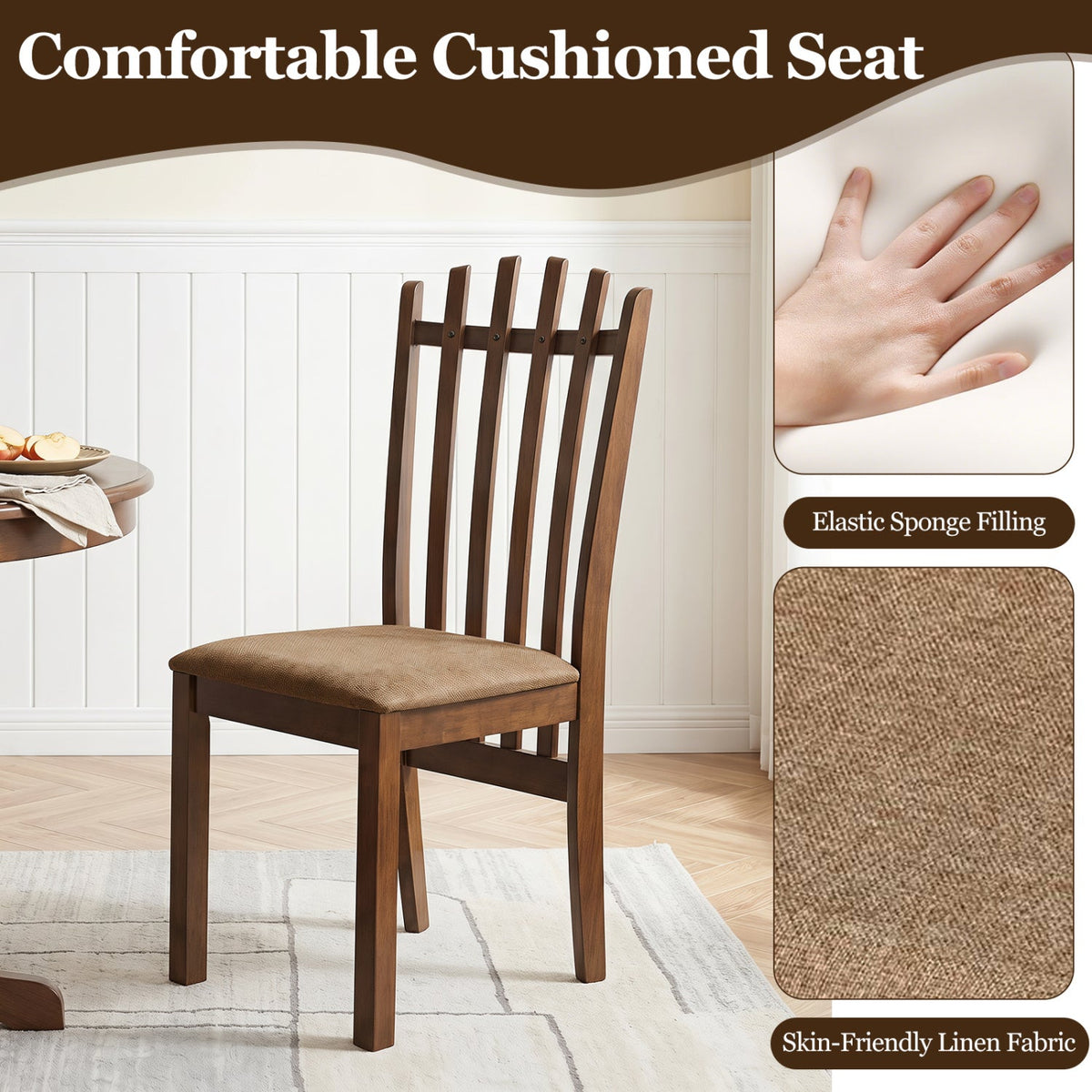 Rubber Wood Dining Chairs Set of 4 with Cushioned Seats
