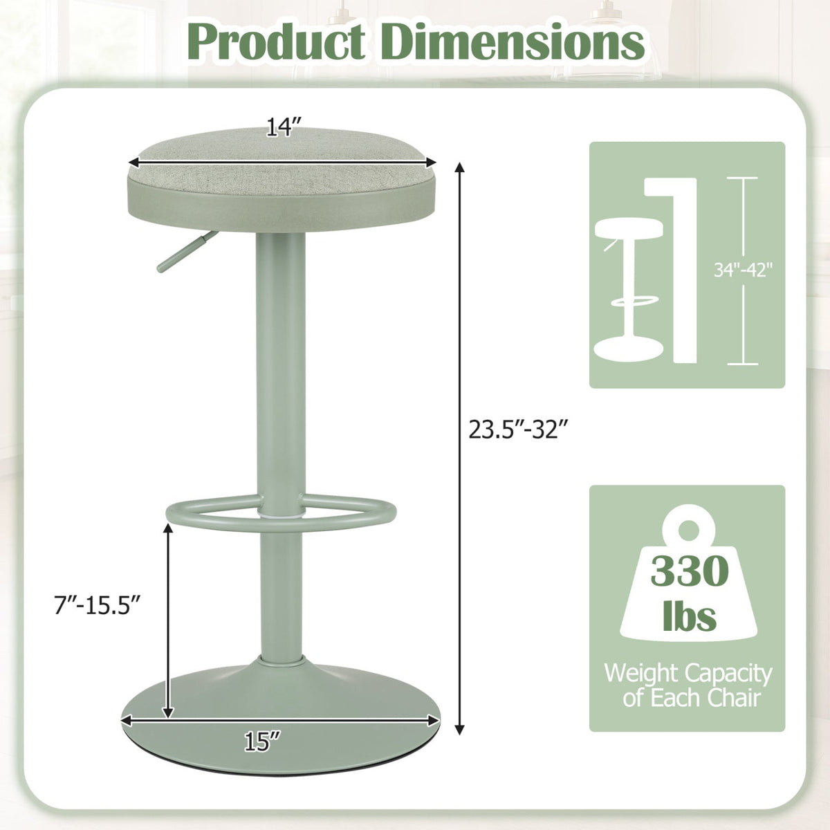 Adjustable Bar Stools Set of 2 with Padded Seat