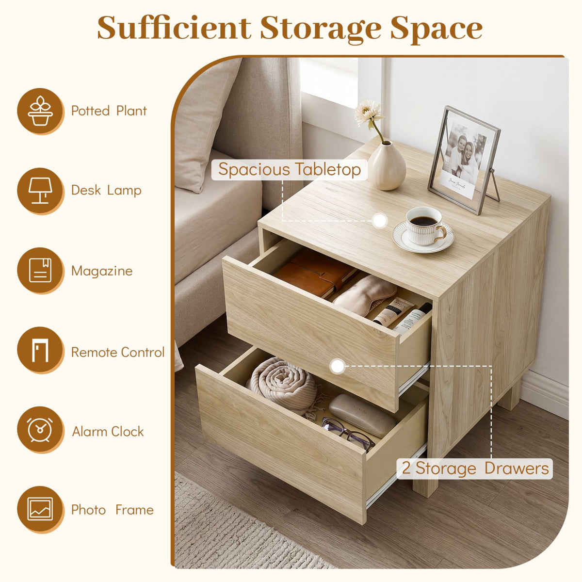 Wooden End Tables Set of 2 with Storage Drawers