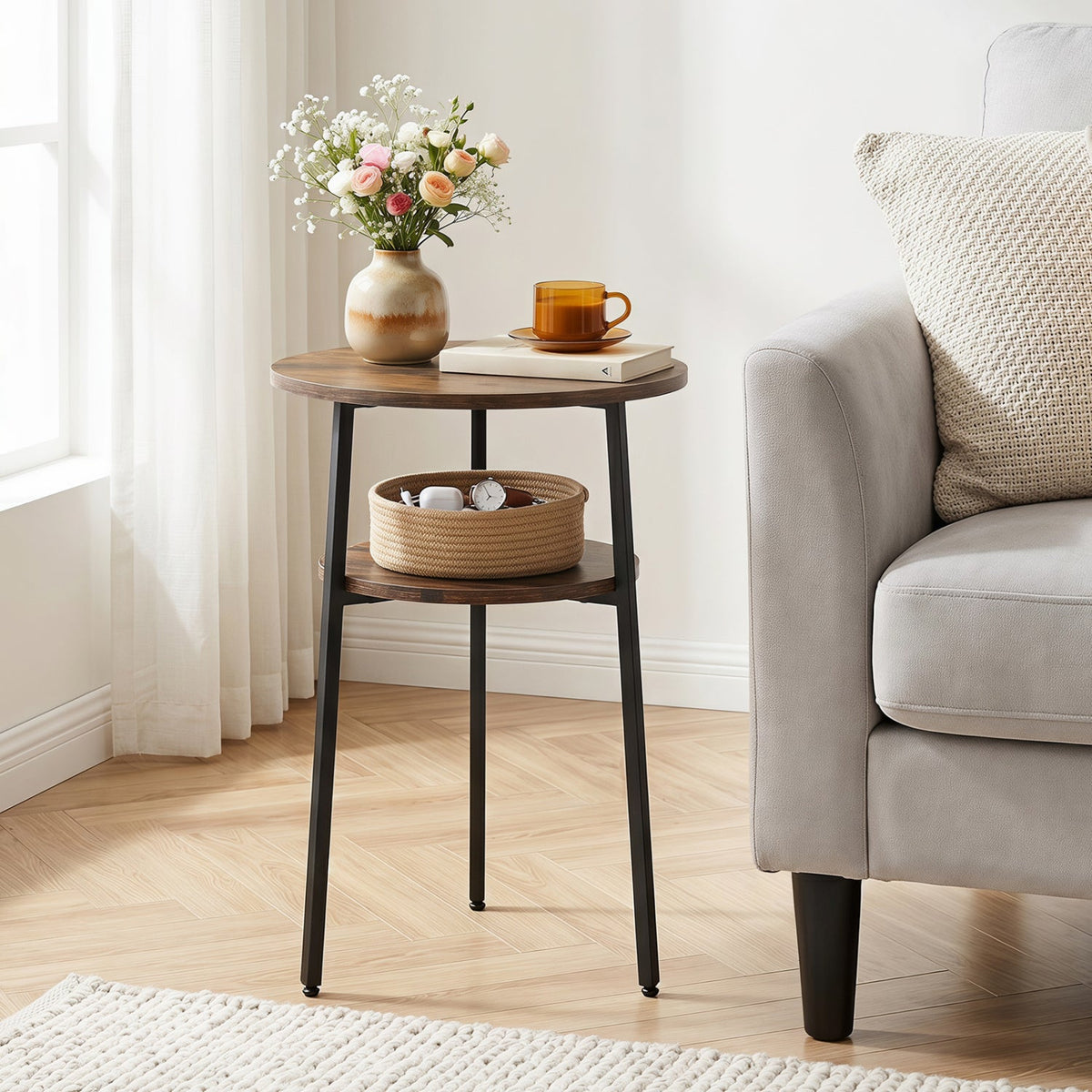 Round Side Table Set with Storage Shelf - Rustic Brown