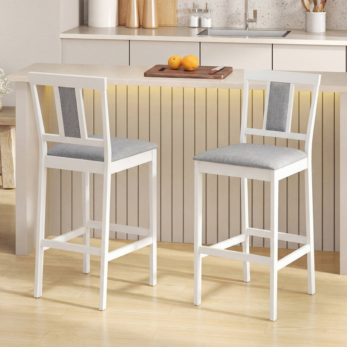Set of 2 Upholstered Barstool 29.5 Inch Bar Height with Solid Rubber Wood Frame