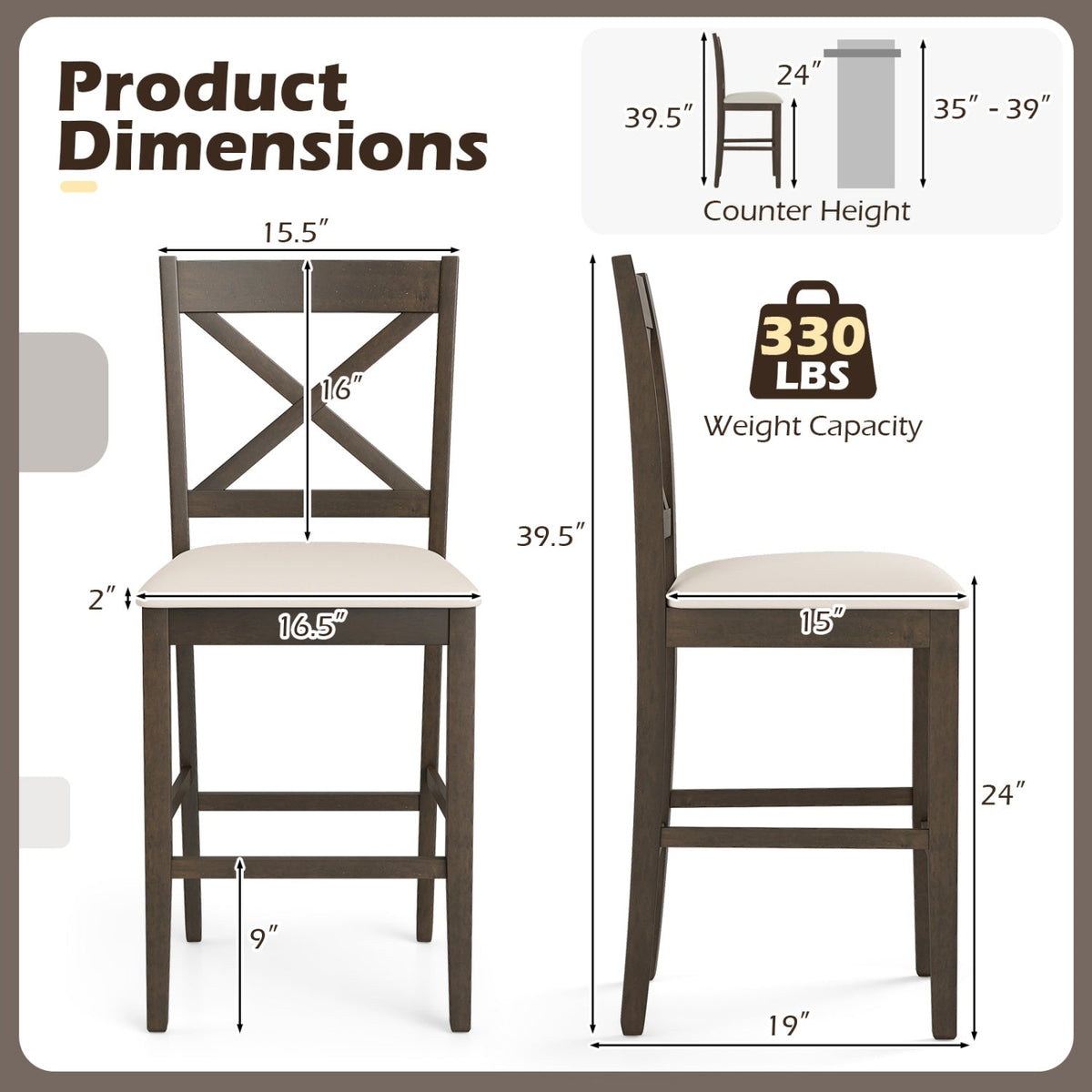 Set of 2 X-Back Bar Stools with Upholstered Cushioned Seats