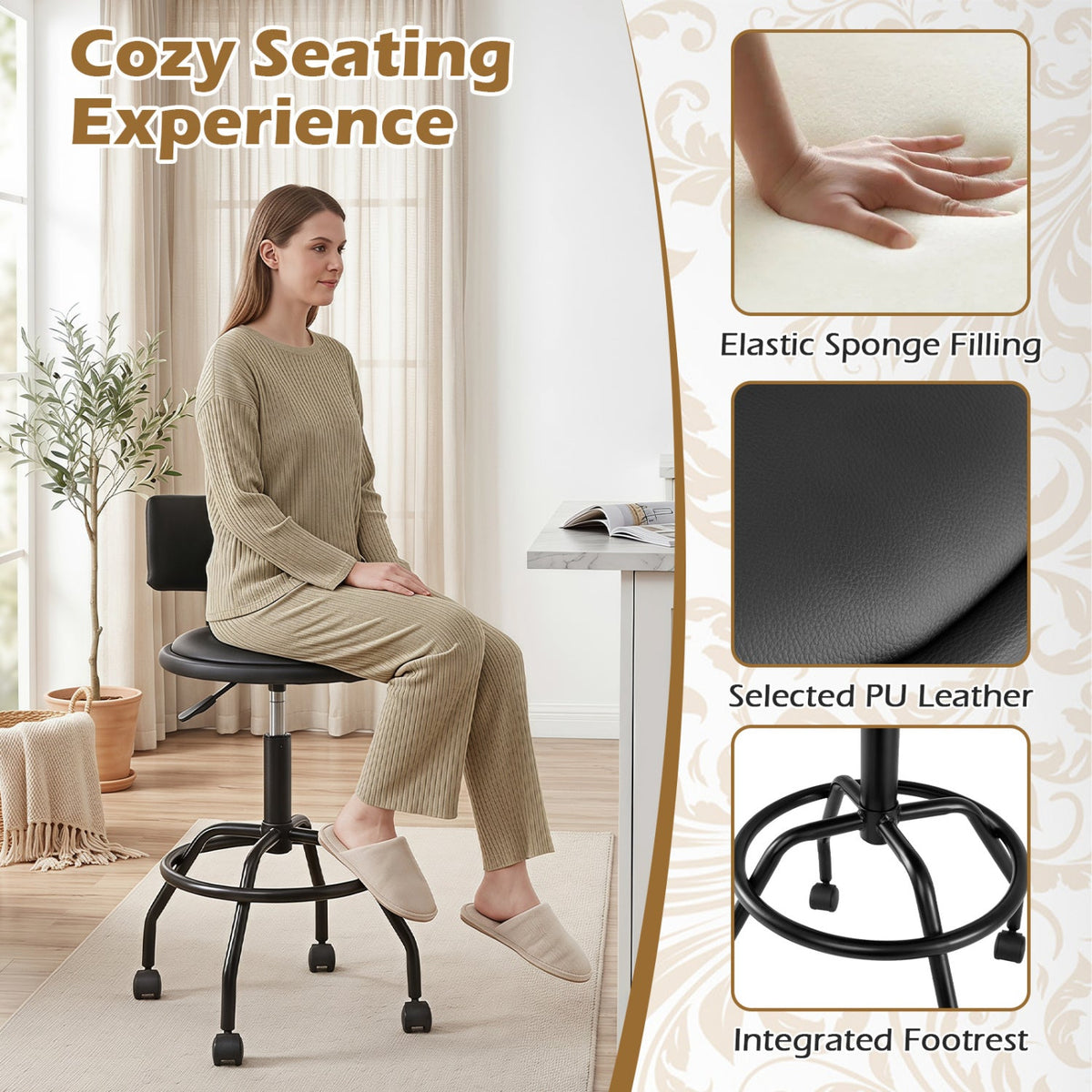 Swivel Bar Stool with Backrest - Height Adjustable