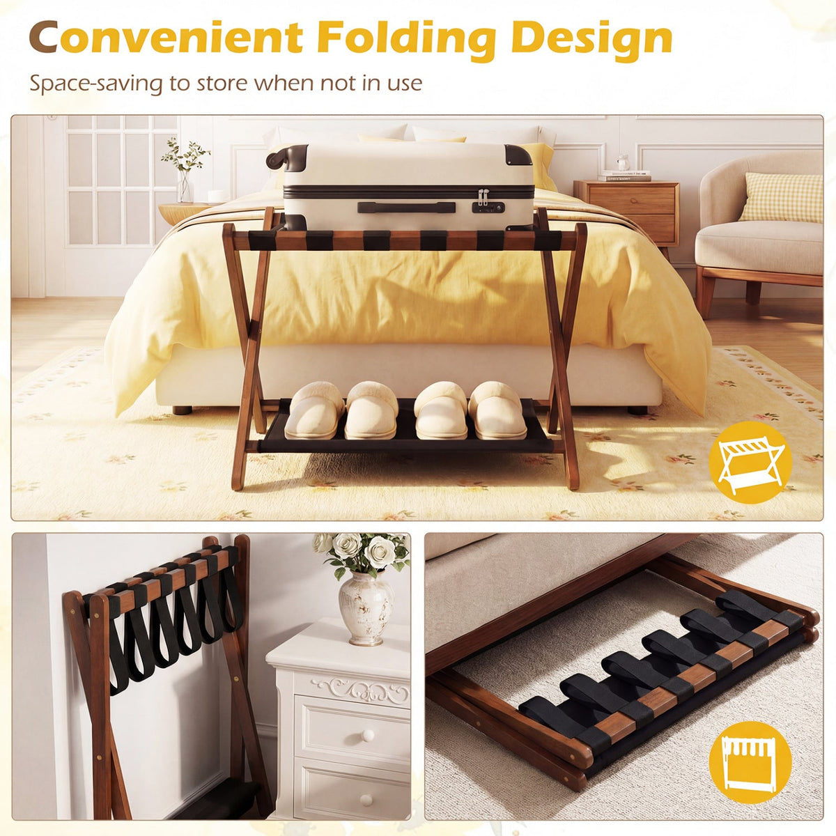 Solid Rubberwood Folding Luggage Rack with Nylon Shelves