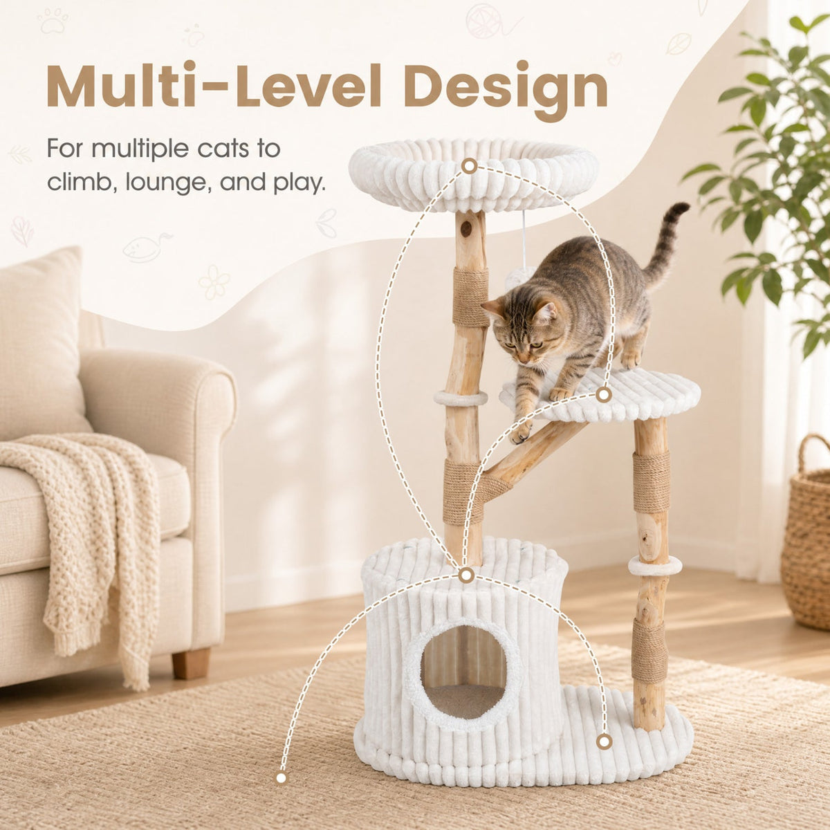 Solid Wood Cat Tree 41" with Real Branches & Cozy Bed