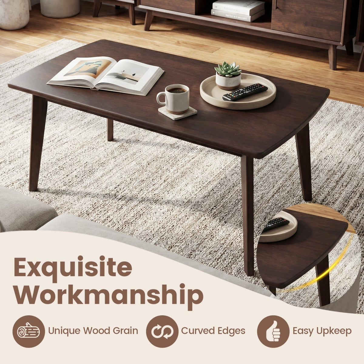 Solid Wood Modern Coffee Table with Tapered Legs