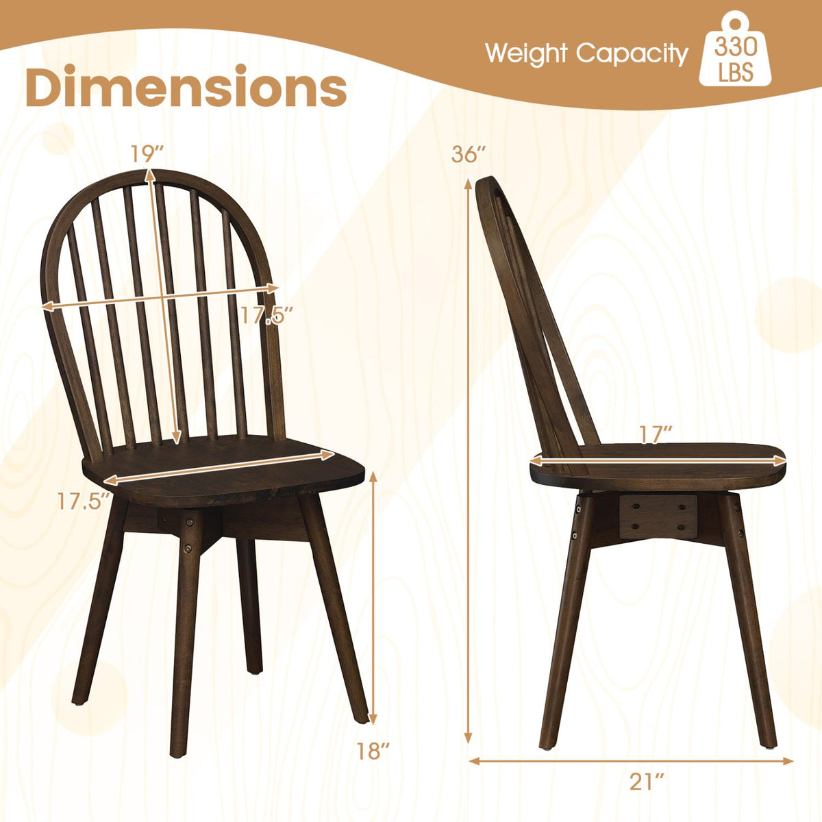 Swivel Windsor Dining Chairs Set of 2 with Solid Rubber Wood Frame