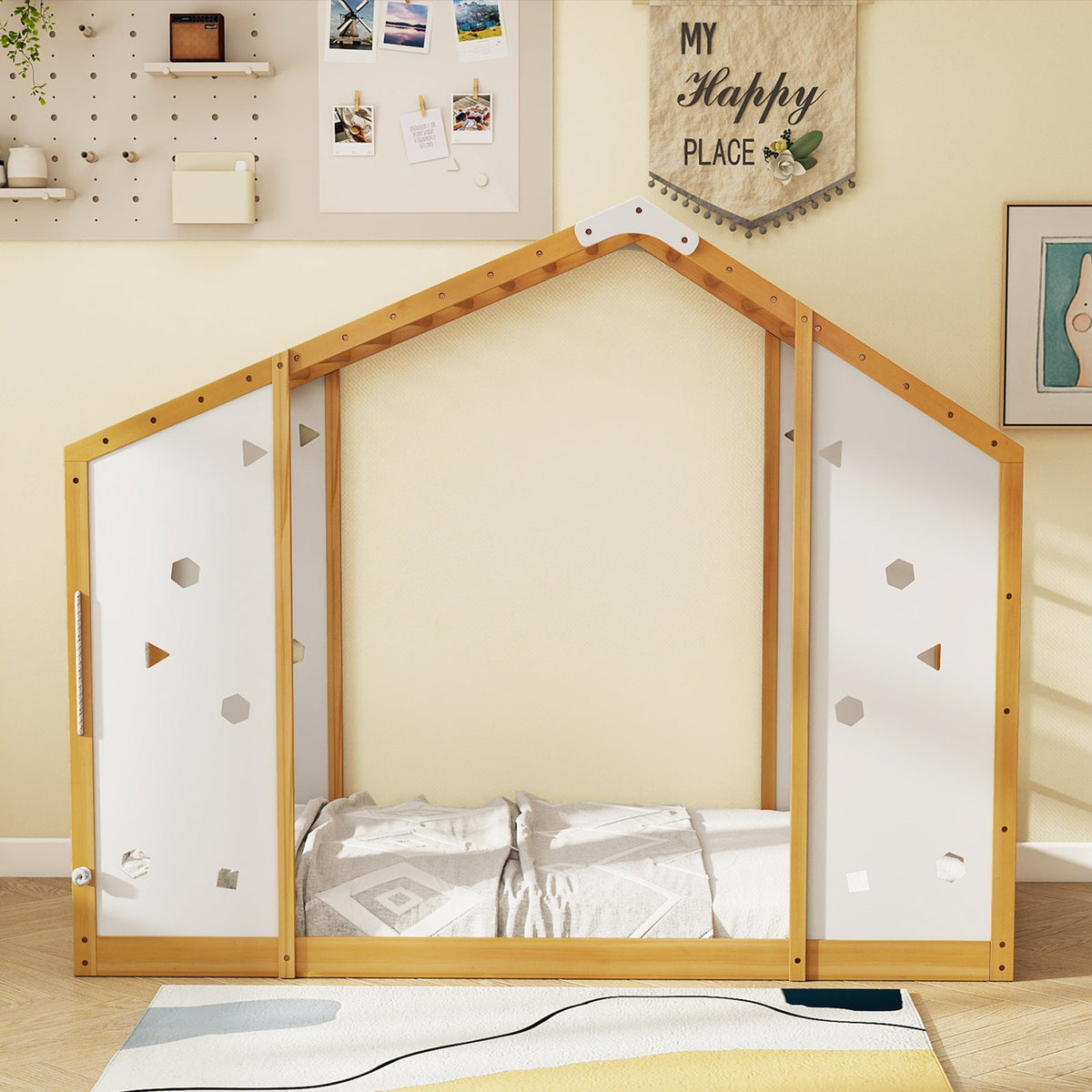 Twin Size Climbing Bed 2-in-1 Montessori Floor Bed with Monkey Bars-Natural and White