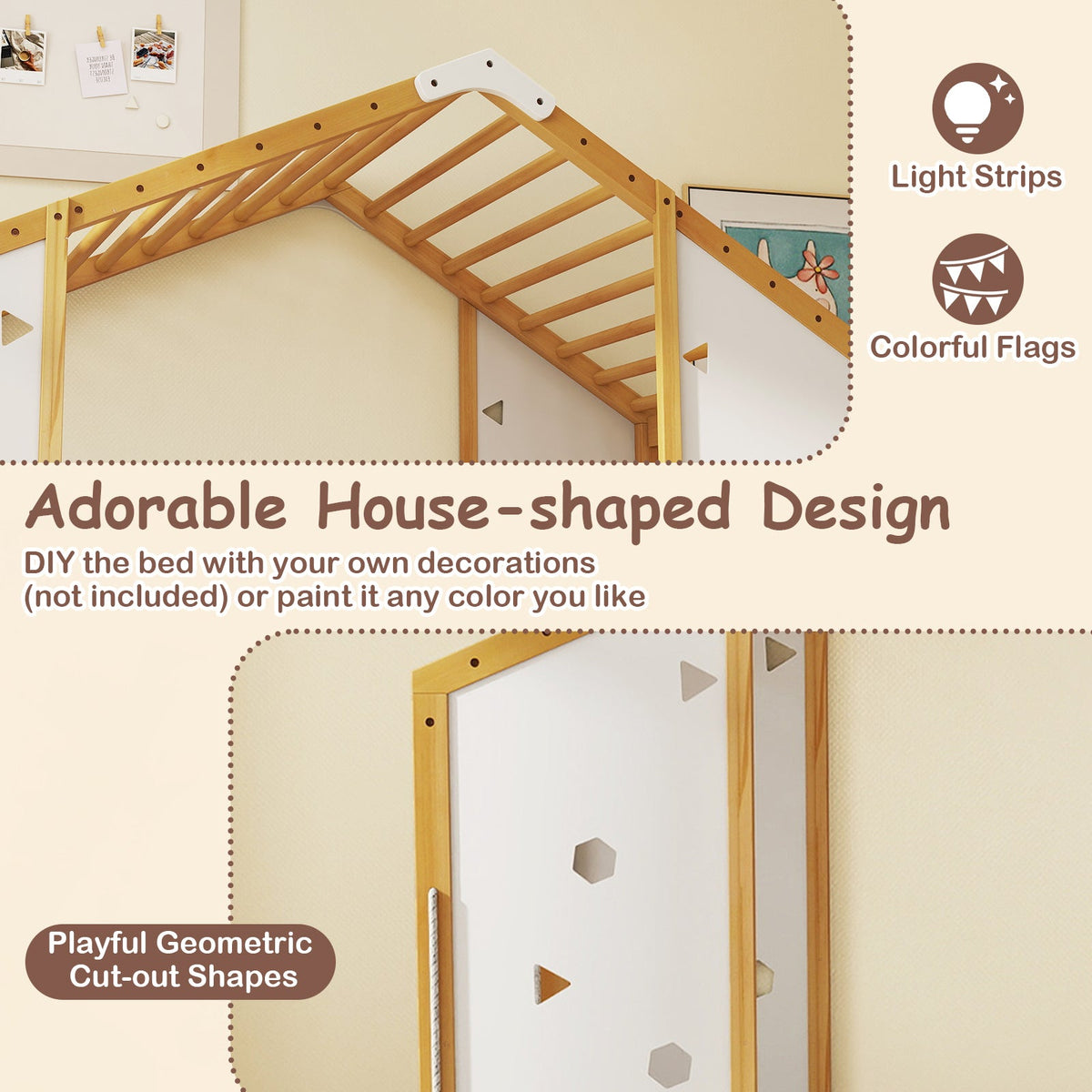 Twin Size Climbing Bed 2-in-1 Montessori Floor Bed with Monkey Bars-Natural and White