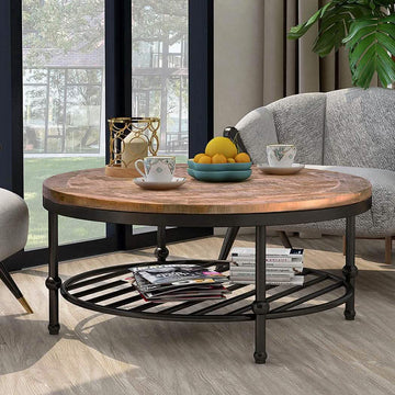Antique Natural Coffee Table with Living Room Storage Rack