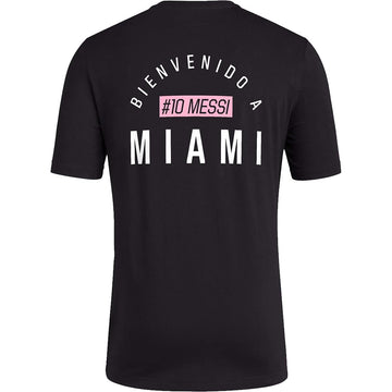 adidas Mens Soccer Messi X Miami Bienvenido a Miami Tee - Classic Relax Fit with Messi Graphic Logo and #10 Available in Black & White (Small Black)