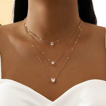 Crystal Zirconia Heart Star Charm Layered Pendant Necklace