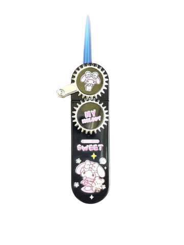 NIVEK Rocker Arm Lighter Gear Dial Lighter Kitty KT Cat Melody Kulomi Japanese Character Kawaii Blue Flame Jet Torch Refillable Black with Silver Rocker Dial (Melody)