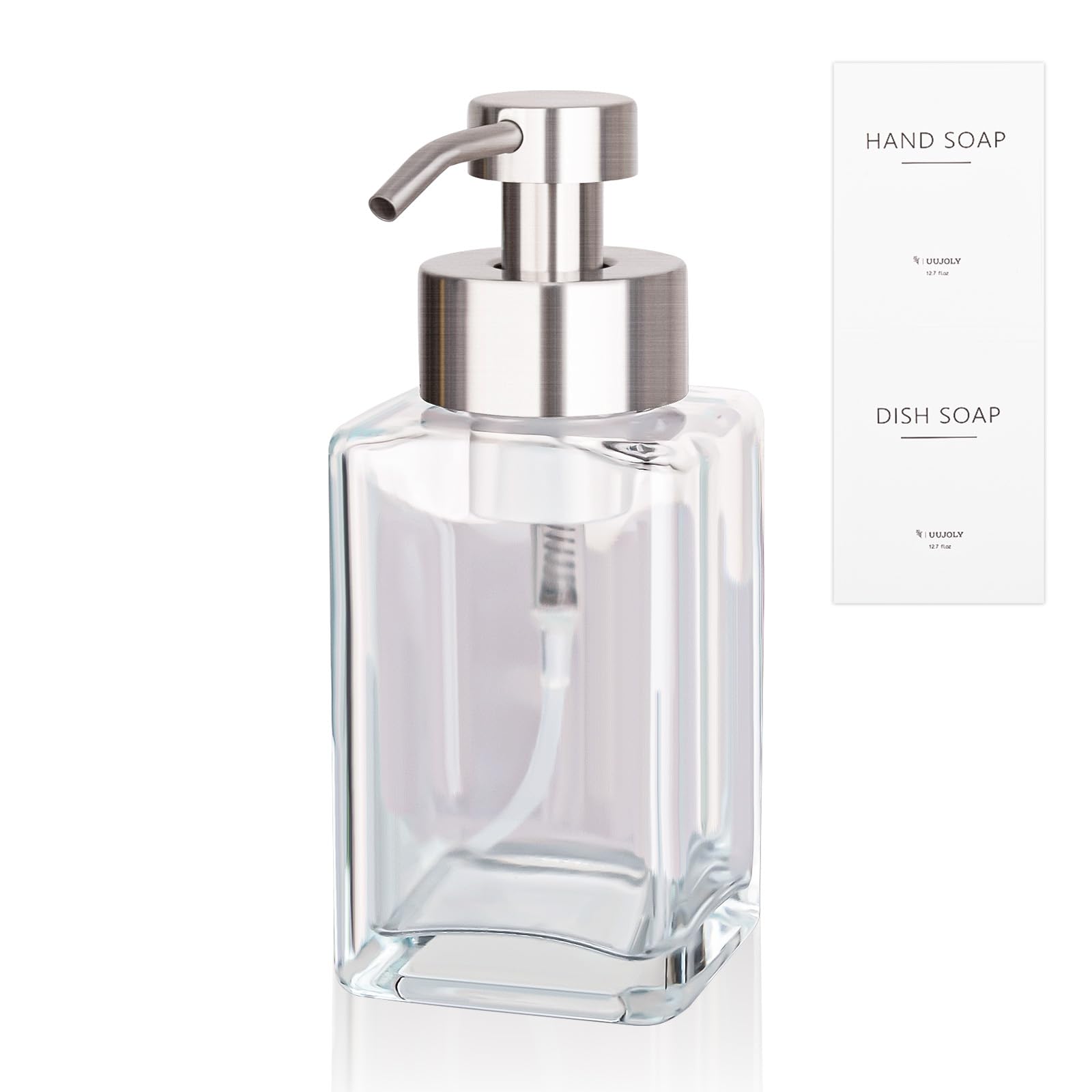 Foaming Soap Dispenser with Stainless Steel Pump 12oz Refillable Glass Liquid Dish Soap Bottles for Bathroom Kitchen Sink Home Decor