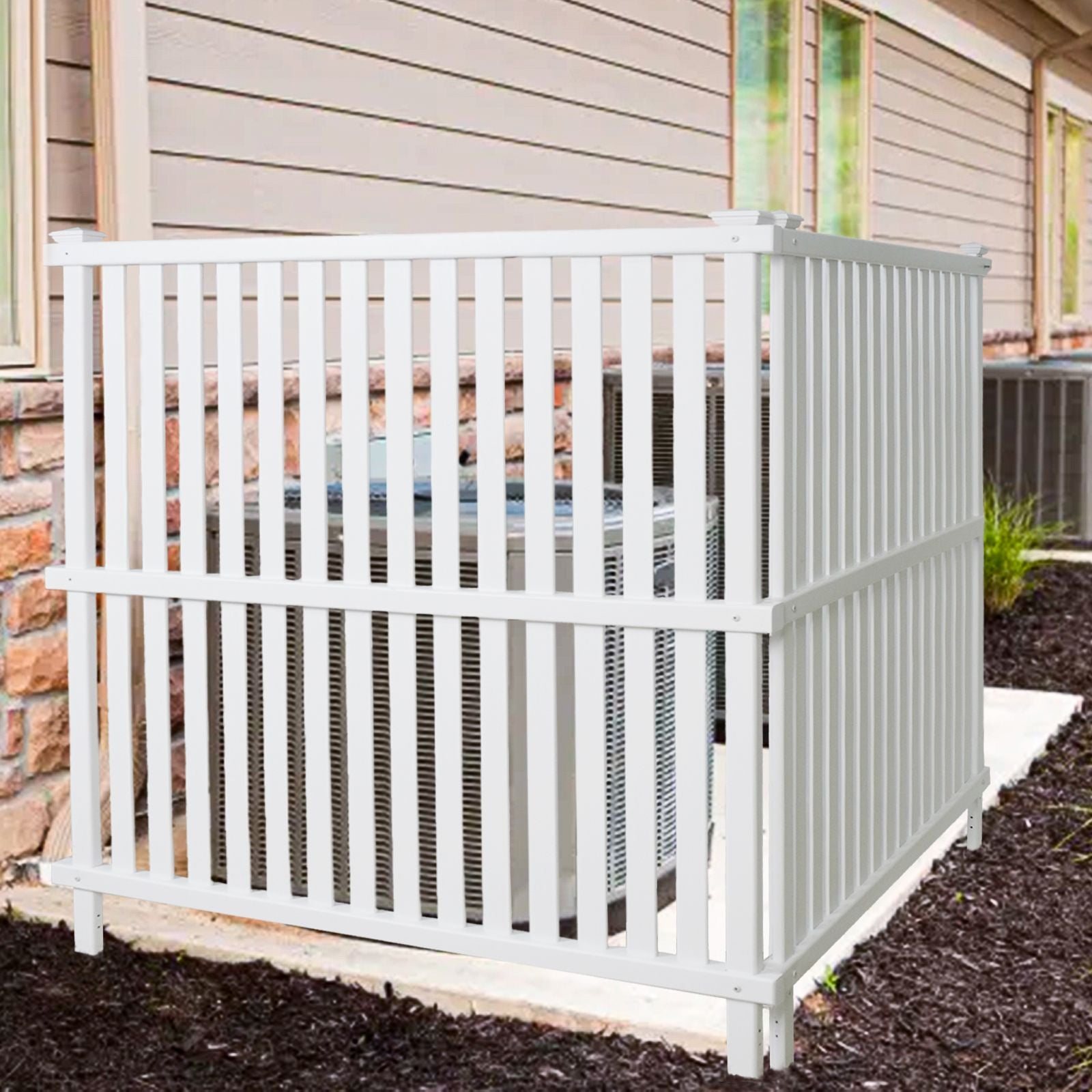 Air Conditioner Fence, Trash Can Vinyl Privacy Fence White Panel for Outside, Outdoor Pool Equipment Enclosure with Metal Stakes, (2-Pack)