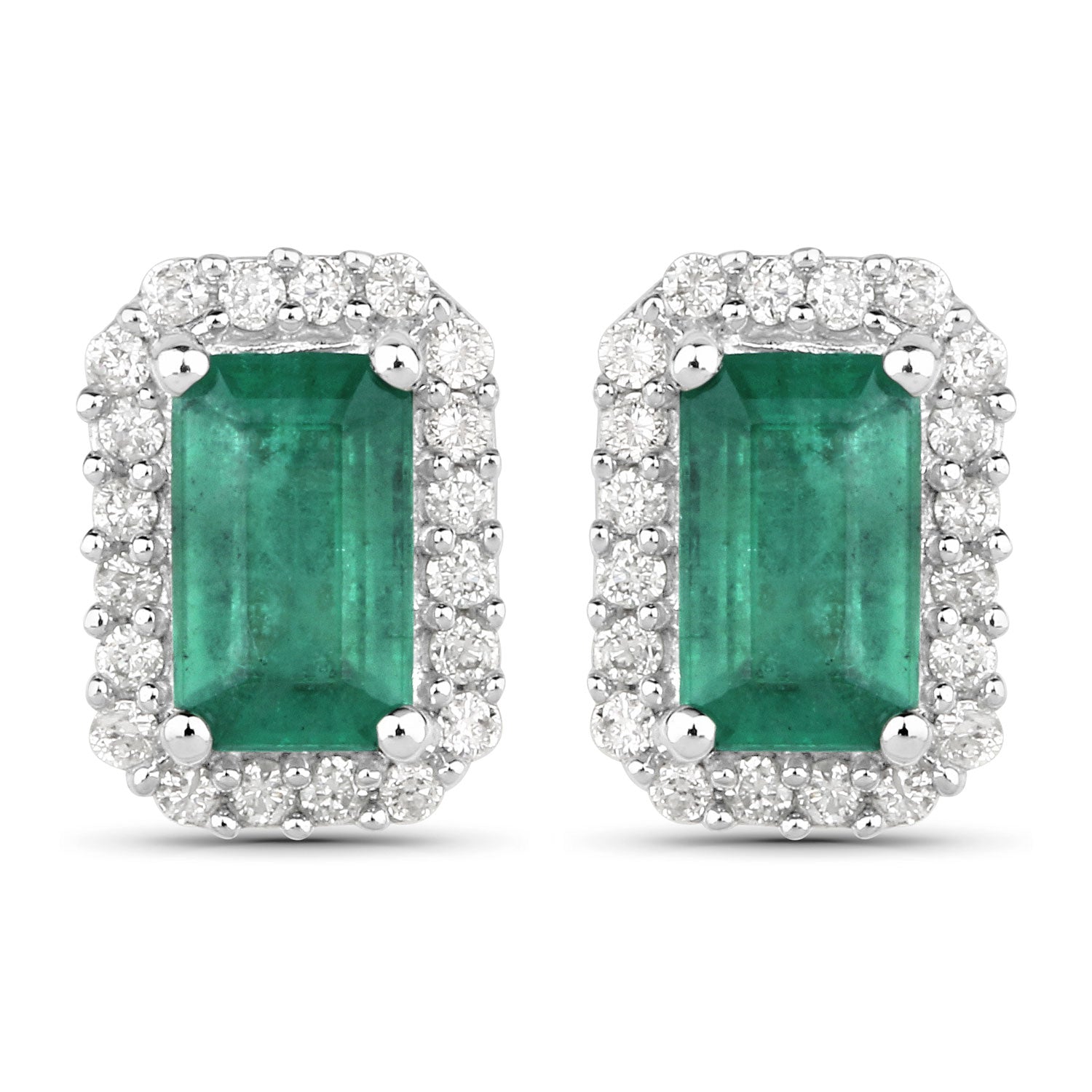 0.91 Carat Genuine Zambian Emerald and White Diamond 14K White Gold Earrings
