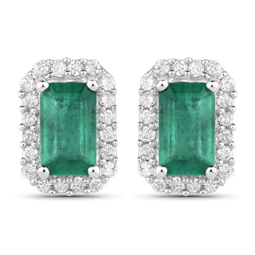 0.91 Carat Genuine Zambian Emerald and White Diamond 14K White Gold Earrings