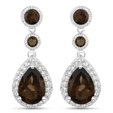 7.34 Carat Genuine Smoky Quartz and White Topaz .925 Sterling Silver Earrings