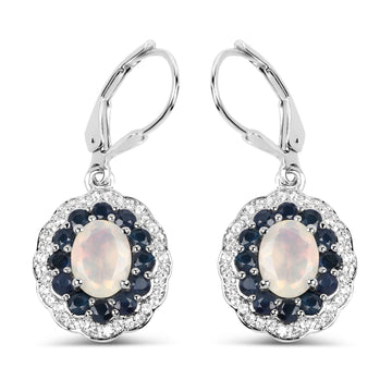 2.80 Carat Genuine Ethiopian Opal, Blue Sapphire and White Topaz .925 Sterling Silver Earrings