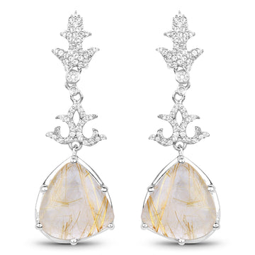15.97 Carat Genuine Golden Rutile And White Topaz .925 Sterling Silver Earrings