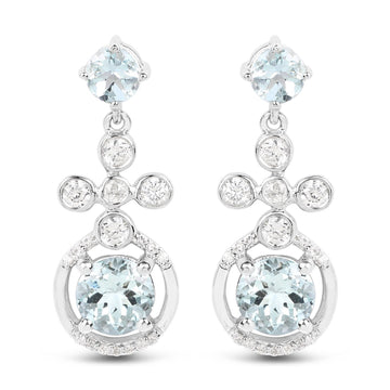 4.42 Carat Genuine Aquamarine and White Zircon .925 Sterling Silver Earrings